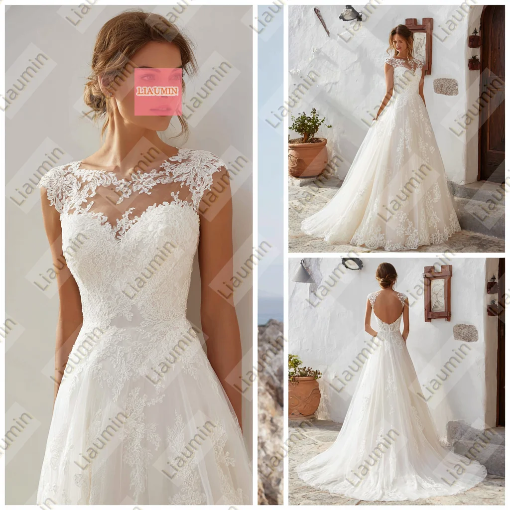 

Ivory Tulle With Lace Applique Cap Sleeve Wedding Formal Prom Dresses Bridal A Line Long Floor Length Customized W19-29.7