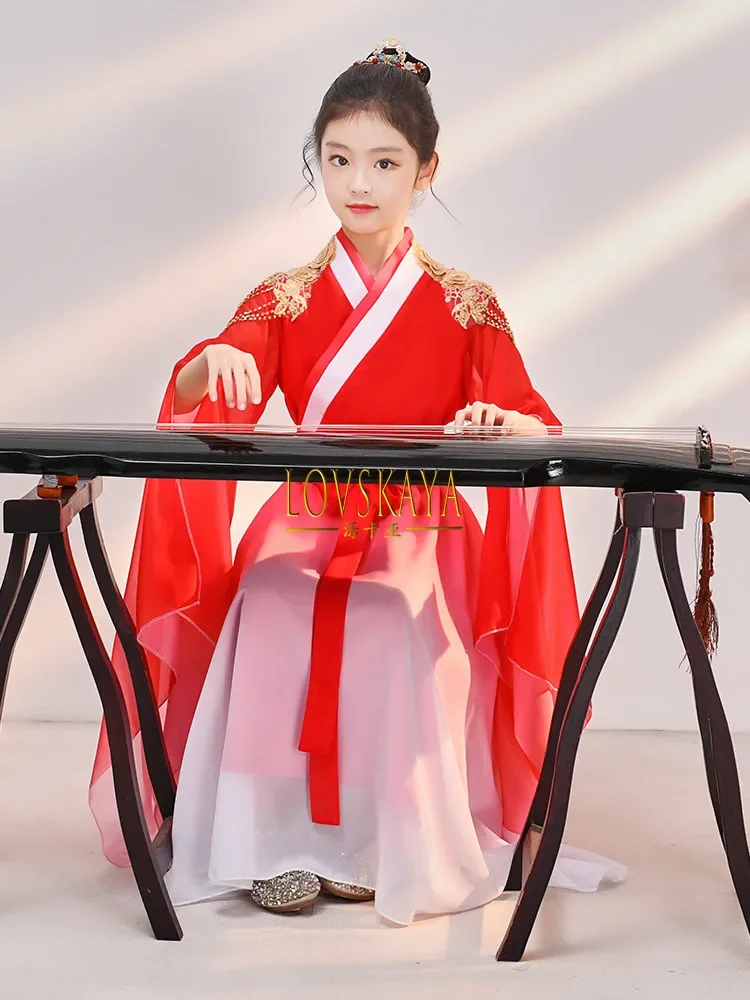 Chinese style children high-end competition grading performance piano performance dress Guzheng performance dress girl red