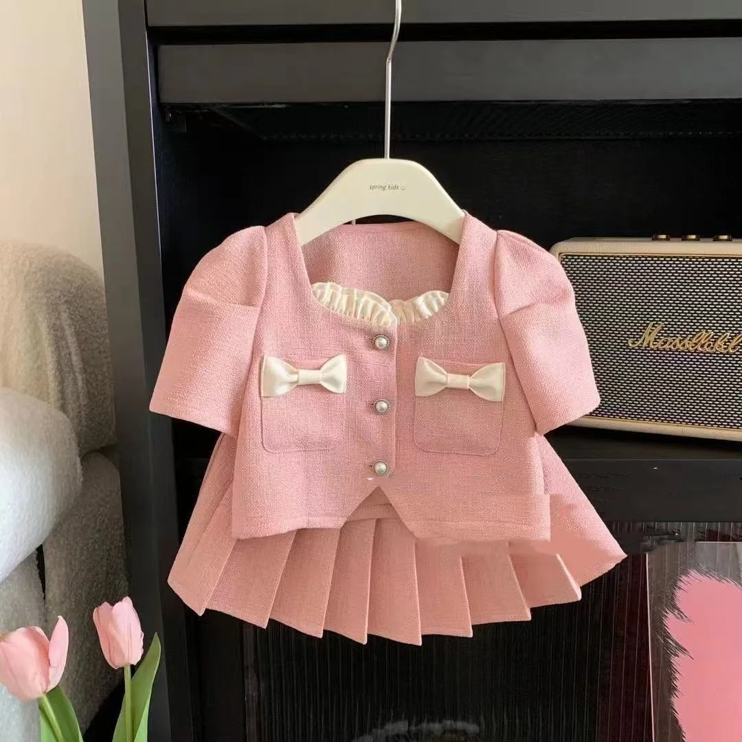 

Girl's Little Fragrant Summer College Style Set Baby Girl Fashion Coat Pleated Skirt Two-piece Set 90-140CM