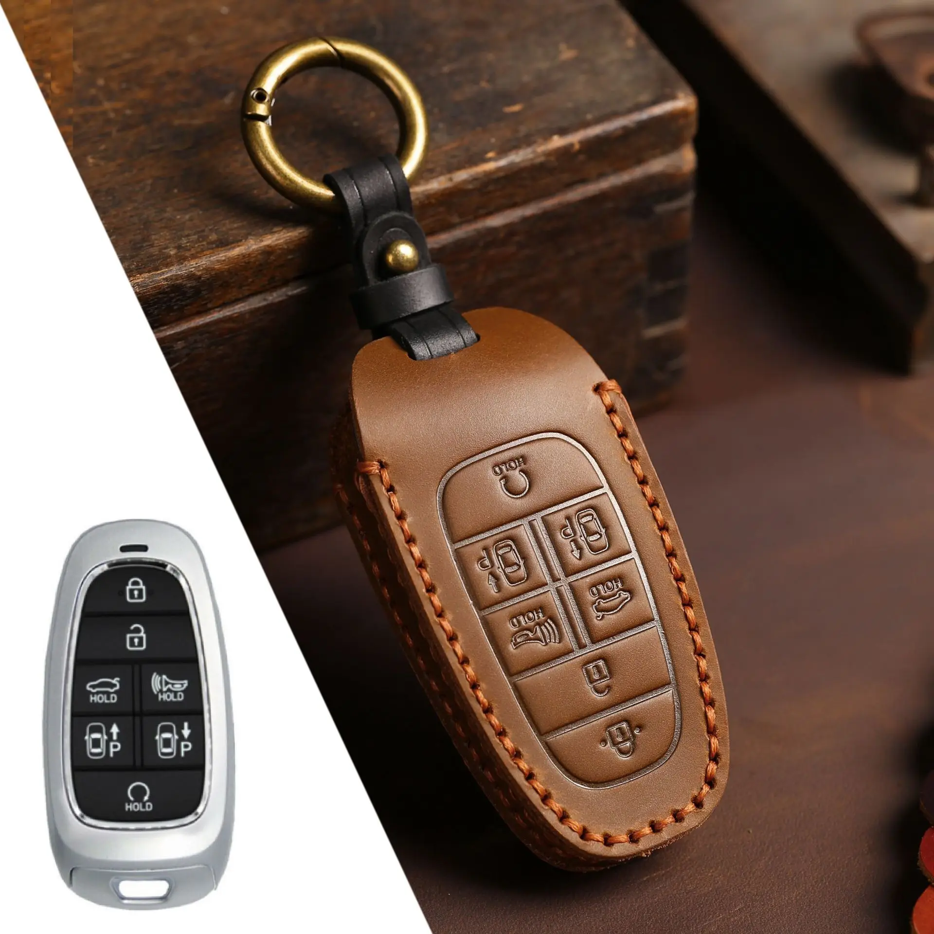 

5 7 Buttons Key Case Cover for Hyundai Sonata Tucson Santa Fe 2021 Leather Car Key Cover Case Fob Holder