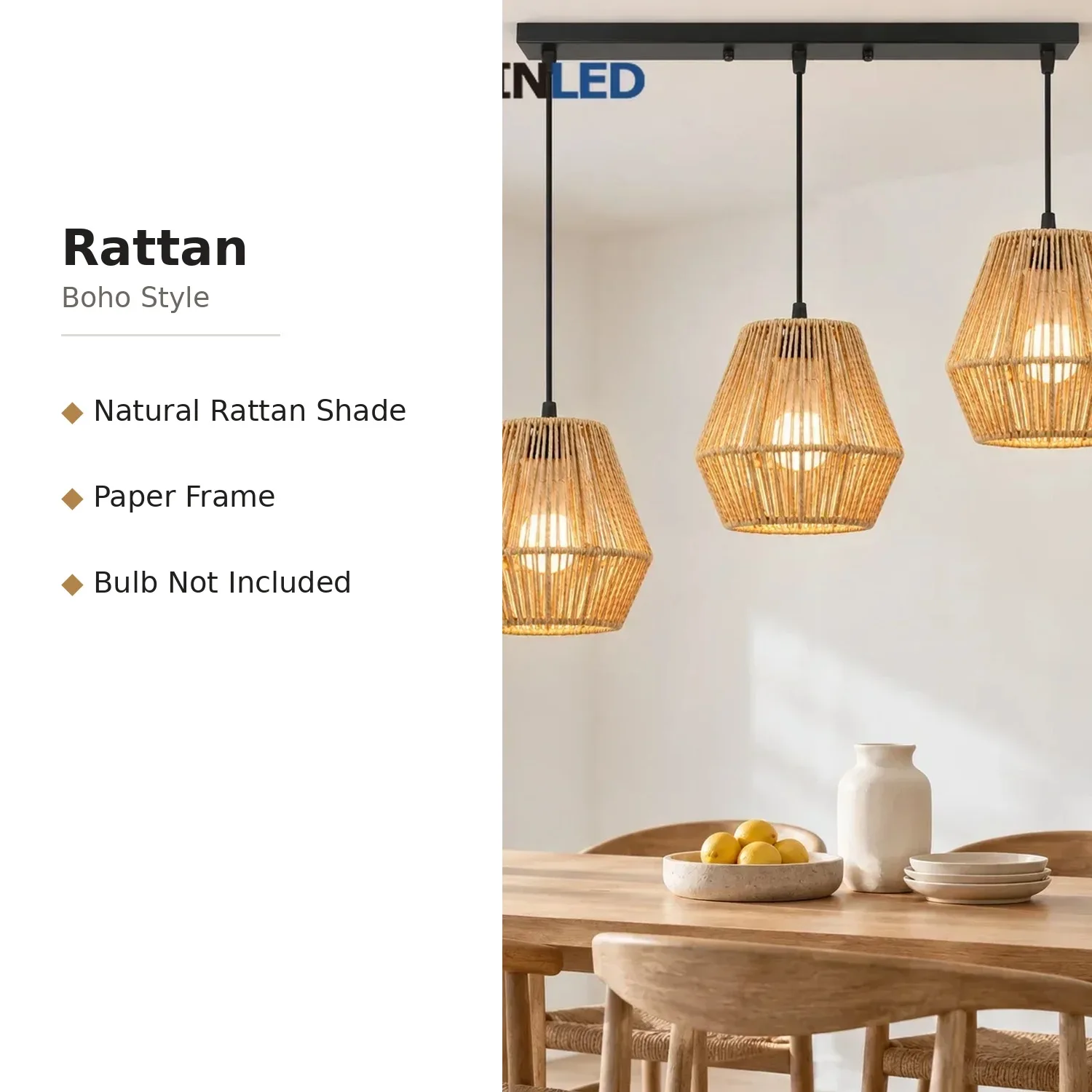 JOYINLED 3-Light Boho Rattan Woven Ceiling Light Fixture E27/E26 for Nursery, Corner, Bay Window, Kitchen Sink, Bedroom, Library
