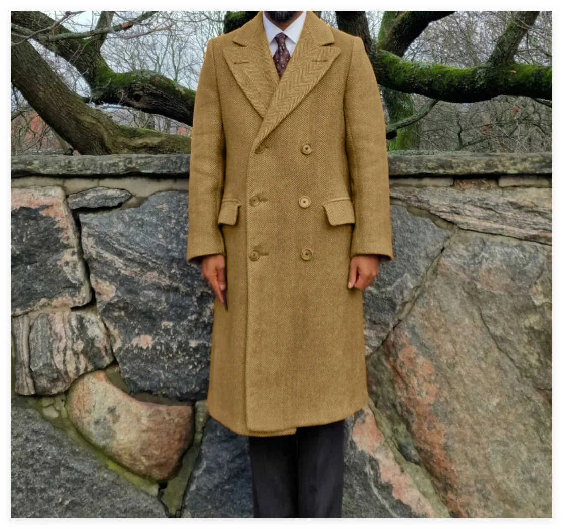 เสื้อโค้ทลายก้างปลาสำหรับผู้ชาย ฤดูใบไม้ร่วง ฤดูหนาว ทรงเข้ารูป กระดุมสองแถว แบบยาว ป้องกันลม แฟชั่นลำลอง ธุรกิจ งานเลี้ยง