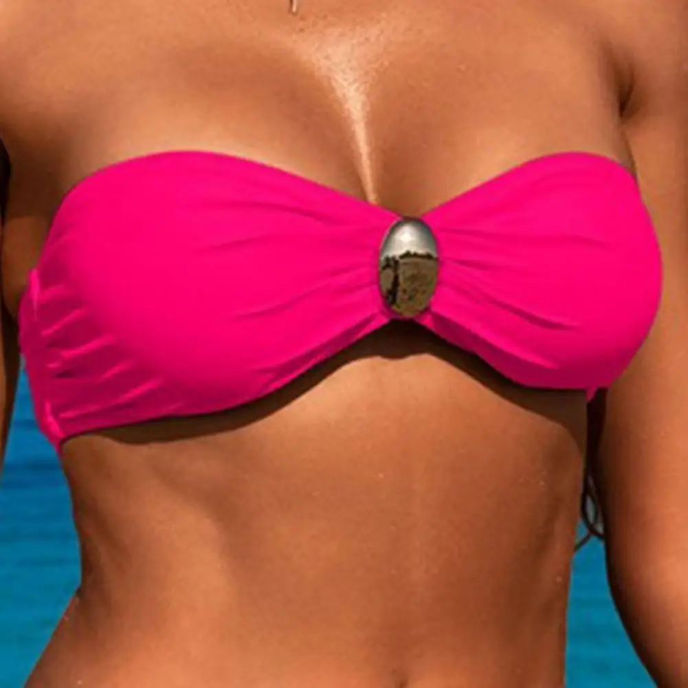 2Pcs/Set Women Swimsuit Set Bandeau Padded No Wire Bra High Waist Swimming Trunks Set Solid Color Split Design Female Beachwear