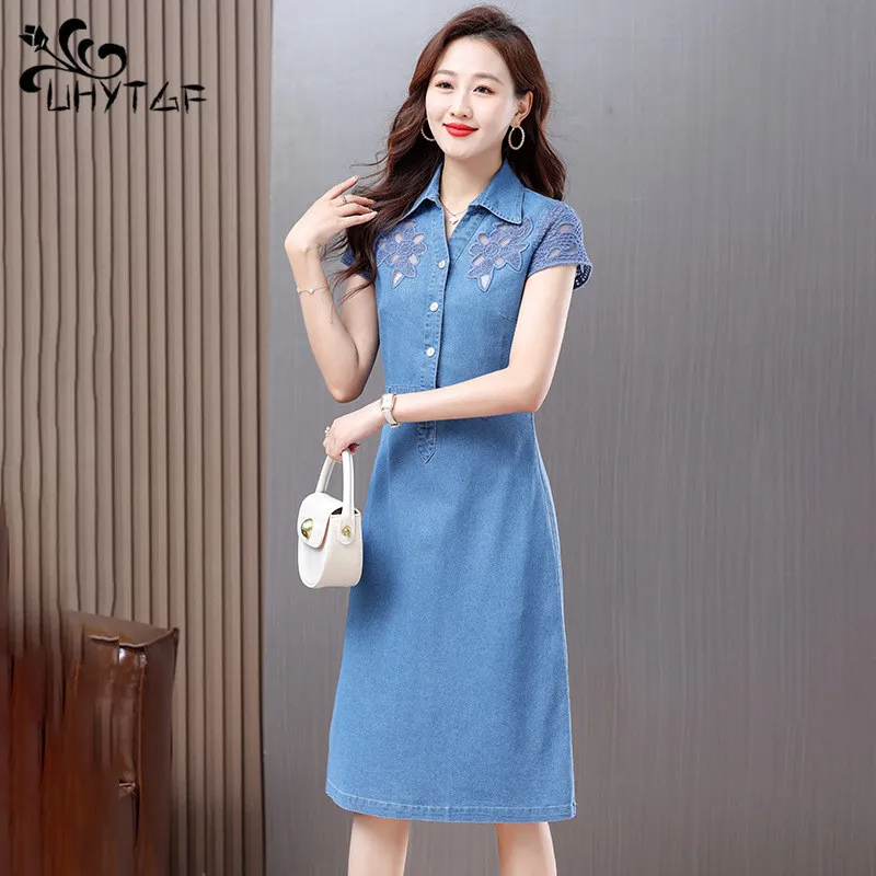 

UHYTGF 2024 Summer Women's Denim Dress Casual Jeans Dresses Ladies Half-placket Single-breasted Hollow Slim Denim Dress 1027
