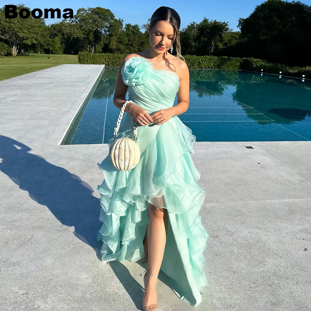 

Booma High Low A-Line Prom Dresses Strapless 3D Flowers Ruffles Organza Wedding Party Dresses for Women Formal Evening Gowns