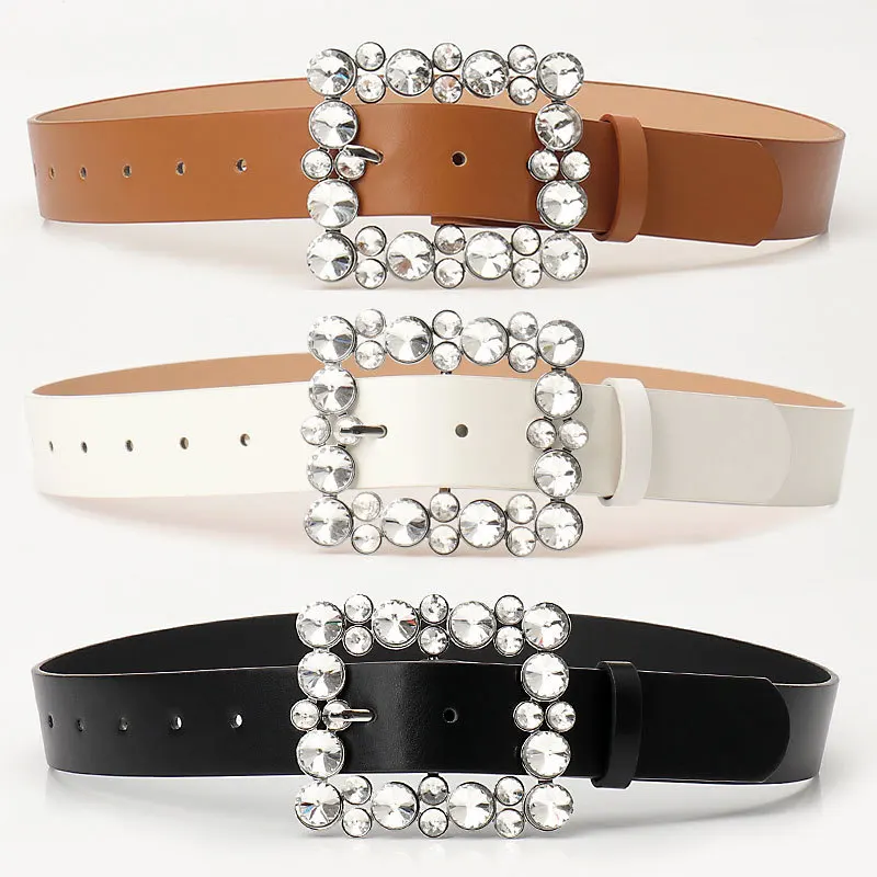 

New Square Buckle Belt with Rhinestones in Europe and The United States Women's Fashion Versatile Skirt Senior Sense of Belt