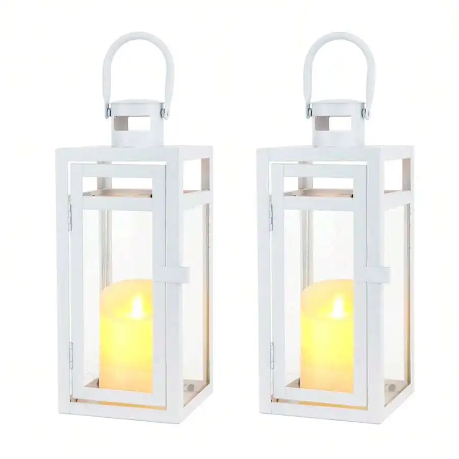 Set Of Two Empty Small Metal White Candle Lantern 12'' High Metal Candle Holder With Clear Glass Panels Perfect For Home Decor L