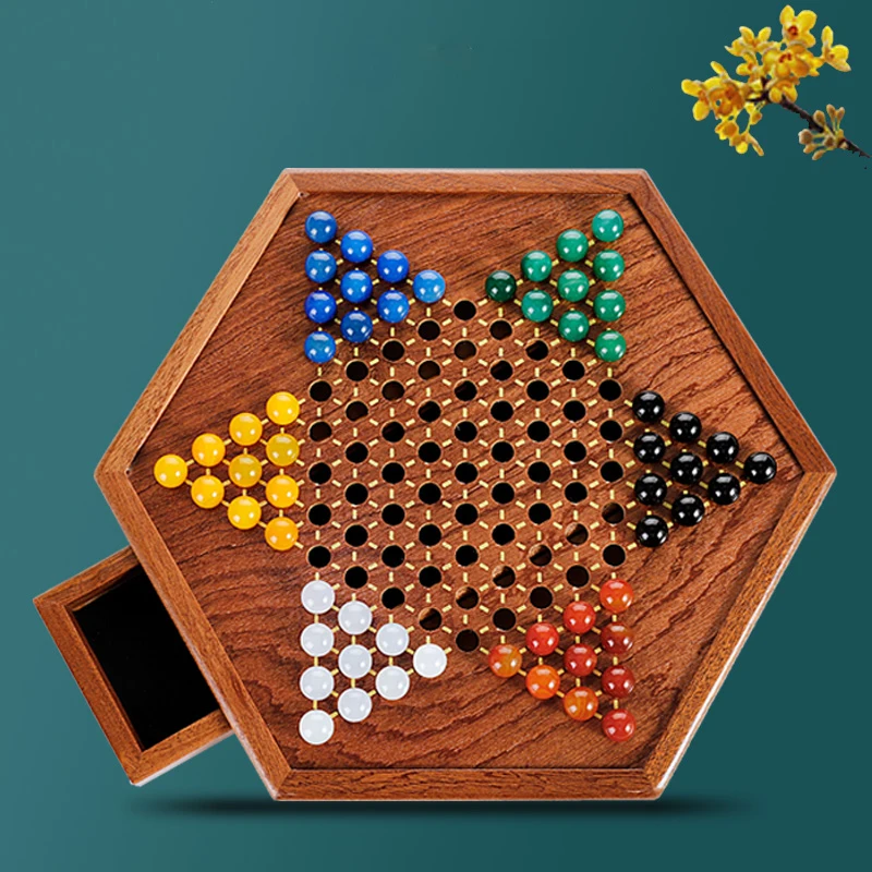 1 Set Solid Wood Checkers Set - Agate Marble Checkers - Glass Ball Pachisi - Children's Strategic Puzzle Game