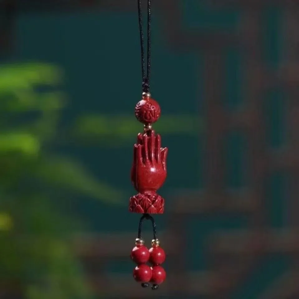 Customized Cinnabar Buddha hand Key Chain Organic Jewellery Carved Fashion Chinese Charm Gifts Amulet Bag Buckle Pendant Red