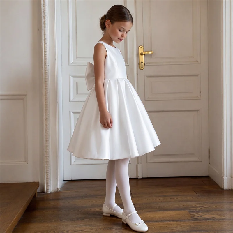 Baby Kids Princess Satin Bow Backless Flower Girl Dress Children First Communion Dress Ball Gown Wedding Party Dress Birthday
