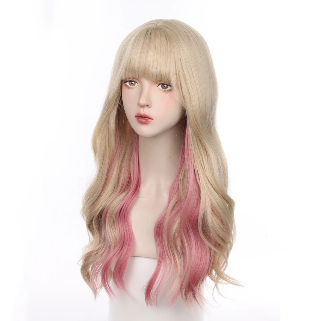 Long Wavy Pink Ombre Blonde Heat Resistant Lolita Wig With Bang Synthetic for Women Cosplay Party Daily Use - view 4