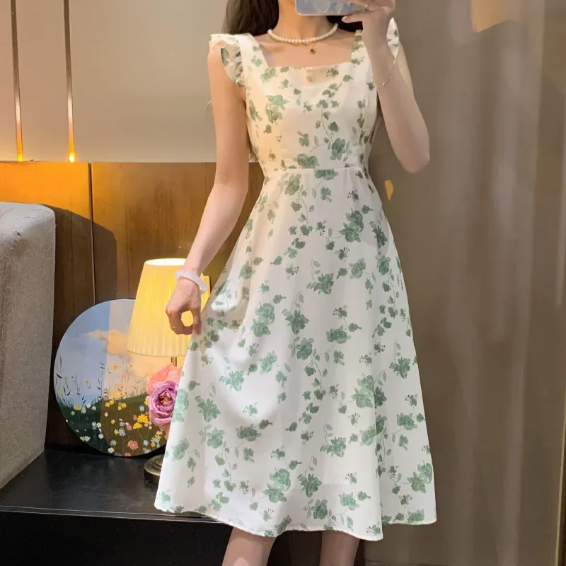 

2025 Summer New Korean Style Square Collar Slim A- Line Long Dress For Women Fashion Sweet Small Flying Sleeve Flower Dress