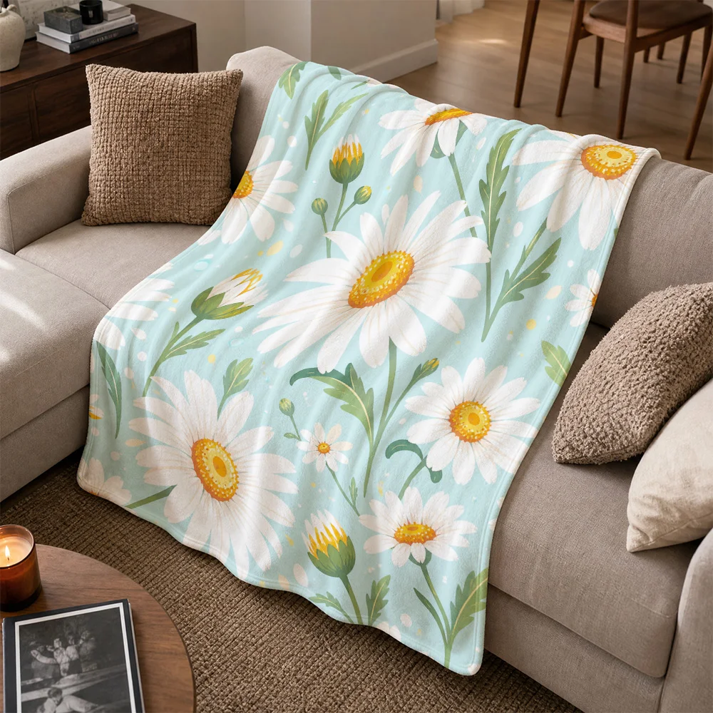 Decorative Floral Daisy Print Throw Blanket for Sofa Couch Cozy Knit Throw Home Decor Spring Summer Housewarming Gift
