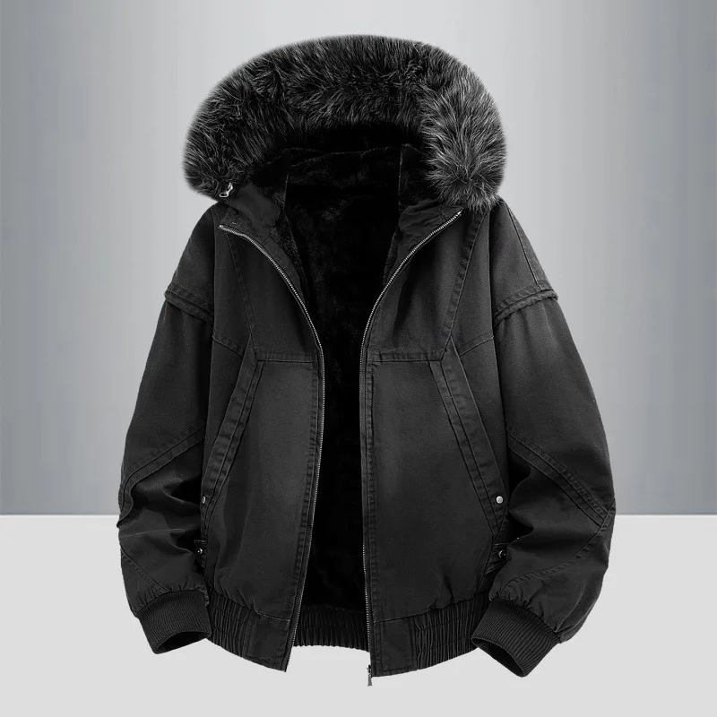 سترات رجالية شتوية جديدة مخملية سميكة بأكمام طويلة وسحاب وياقة من الفرو الرجعية سترات قطنية بقلنسوة ملابس قطنية راقية