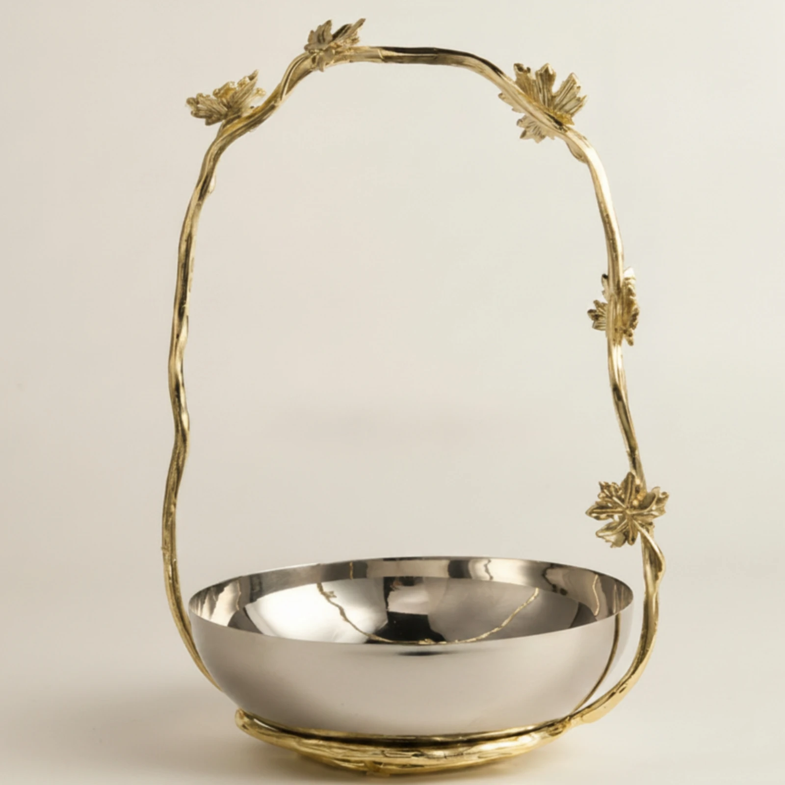 Bowl with Metal Frame Gold-Tone Decorative Tray with Handle Sculptural Easy to Clean for Living Room, Coffee Table