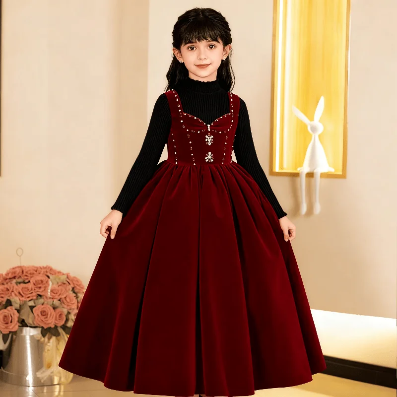 Children Burgundy Velvet Gown Autumn Winter Princess Dress Formal Evening Party Celebration Dress Kids Piano Host Performance