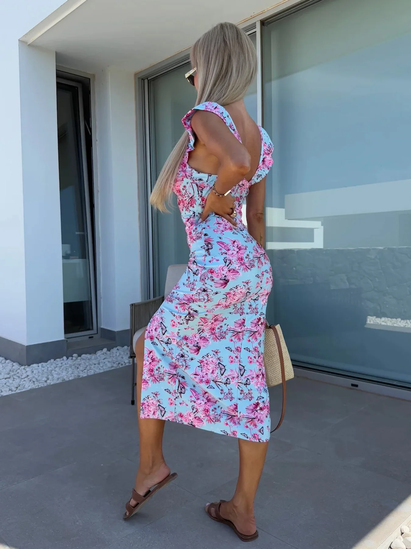 Nieuwe Europese en Amerikaanse zomer elegant ontwerp Franse bloem jarretel split midi-lengte damesjurk