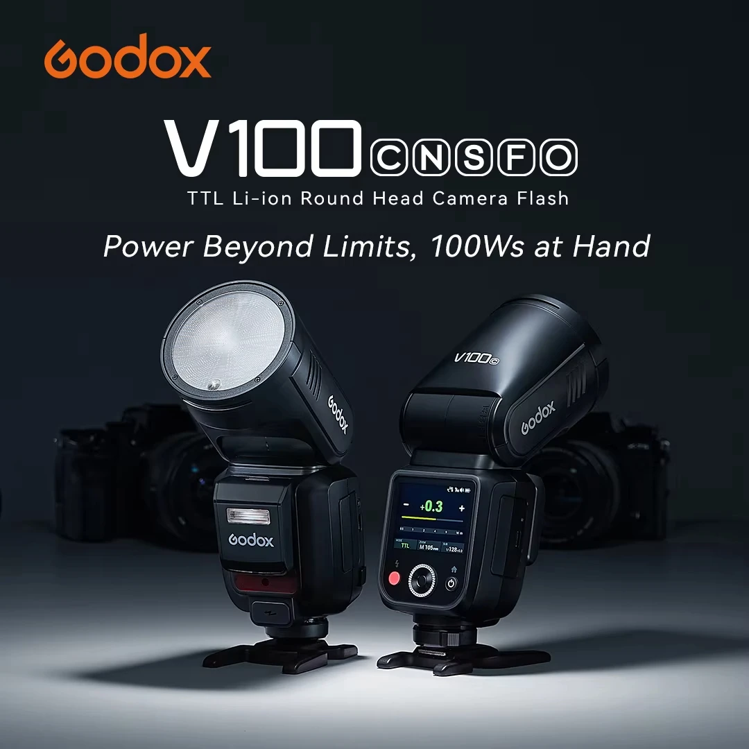 New Godox V100 Round Head Camera Flash 100Ws On-Camera Beyond Limits 70 Full Power for Canon Nikon Sony Fuji pk Godox V1 Pro