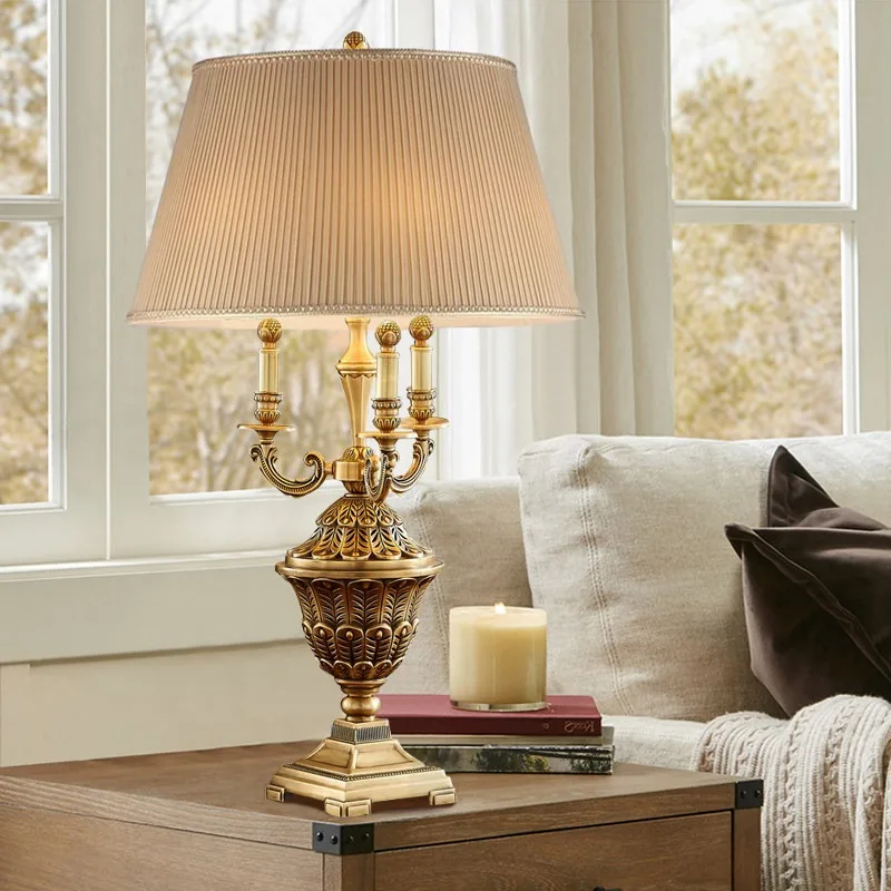 

European High-end Classical Table Lamp Fabric Lampshade Living Room Study Bedroom Bedside Villa Hotel American Retro Floor Light