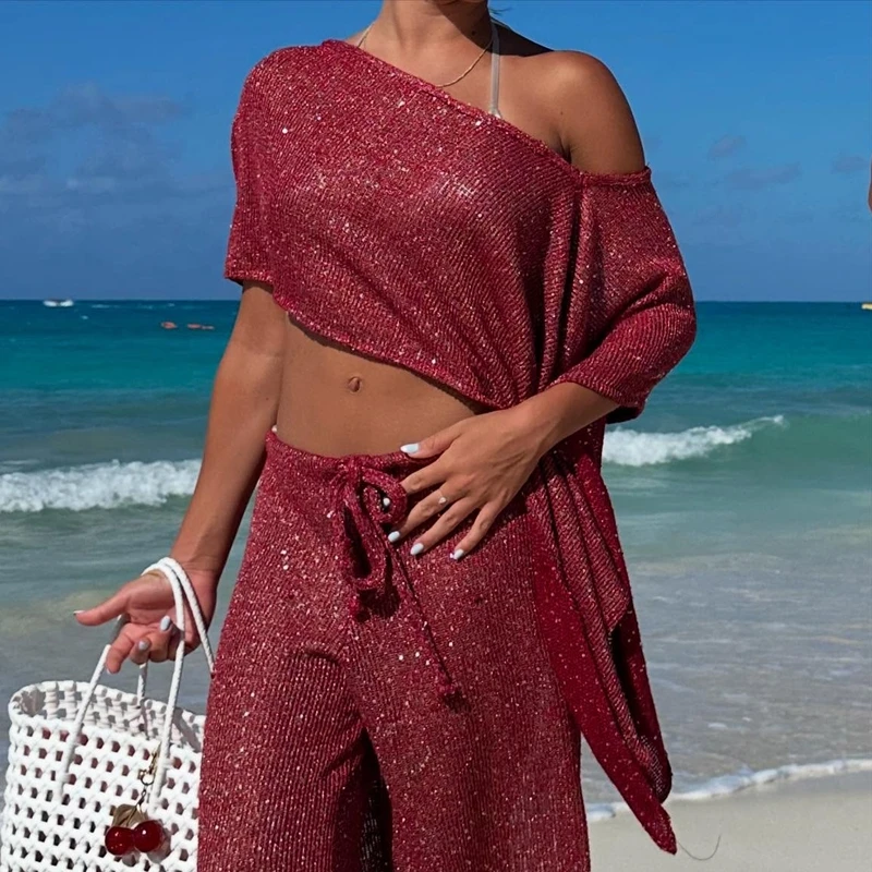 Combhasaki Women Summer Boho Off Shoulder Sheer See-through Ponchos Shimmer Shiny Sequin Irregular Hem Knitwear Cover-up Tops