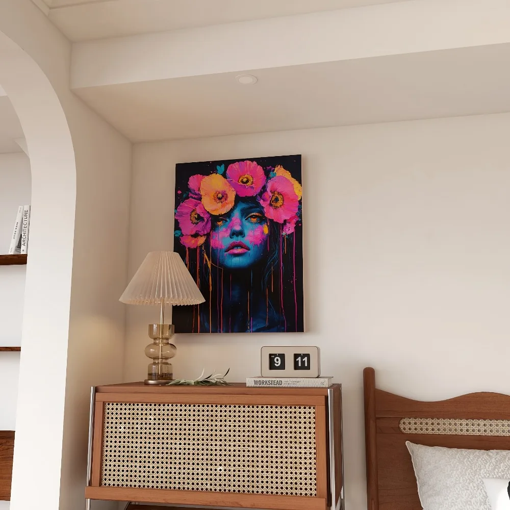 Wanita cantik dengan bunga di rambutnya, neon warna-warni, cocok untuk dekorasi interior, rangka kayu solid pinus tebal 1,5 inci.