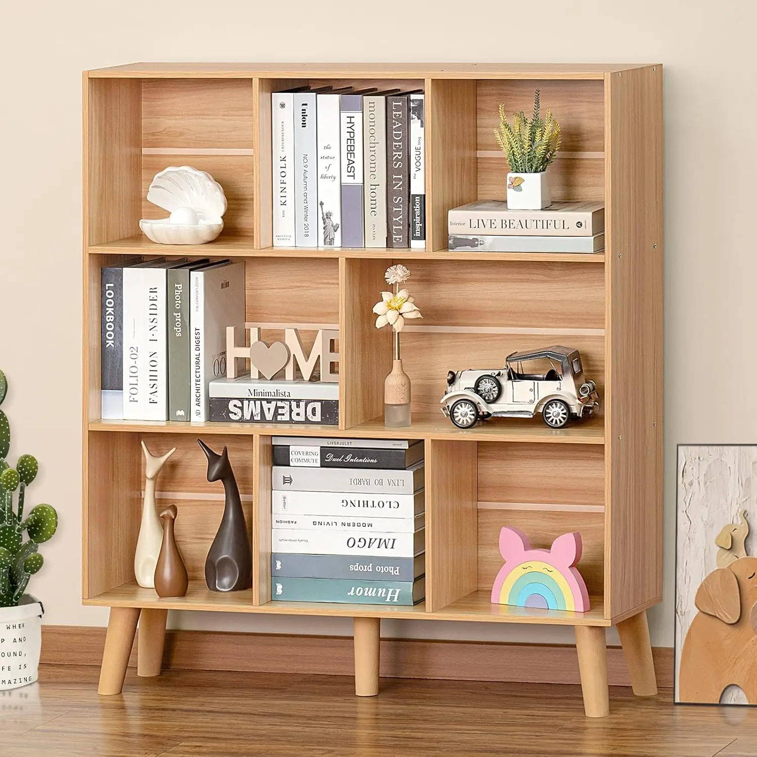 Wooden 8 Cube Book Shelf, Natural 3 Tier Bookshelf with Legs, Modern Open Storage Organizer,Boho Bookcase,