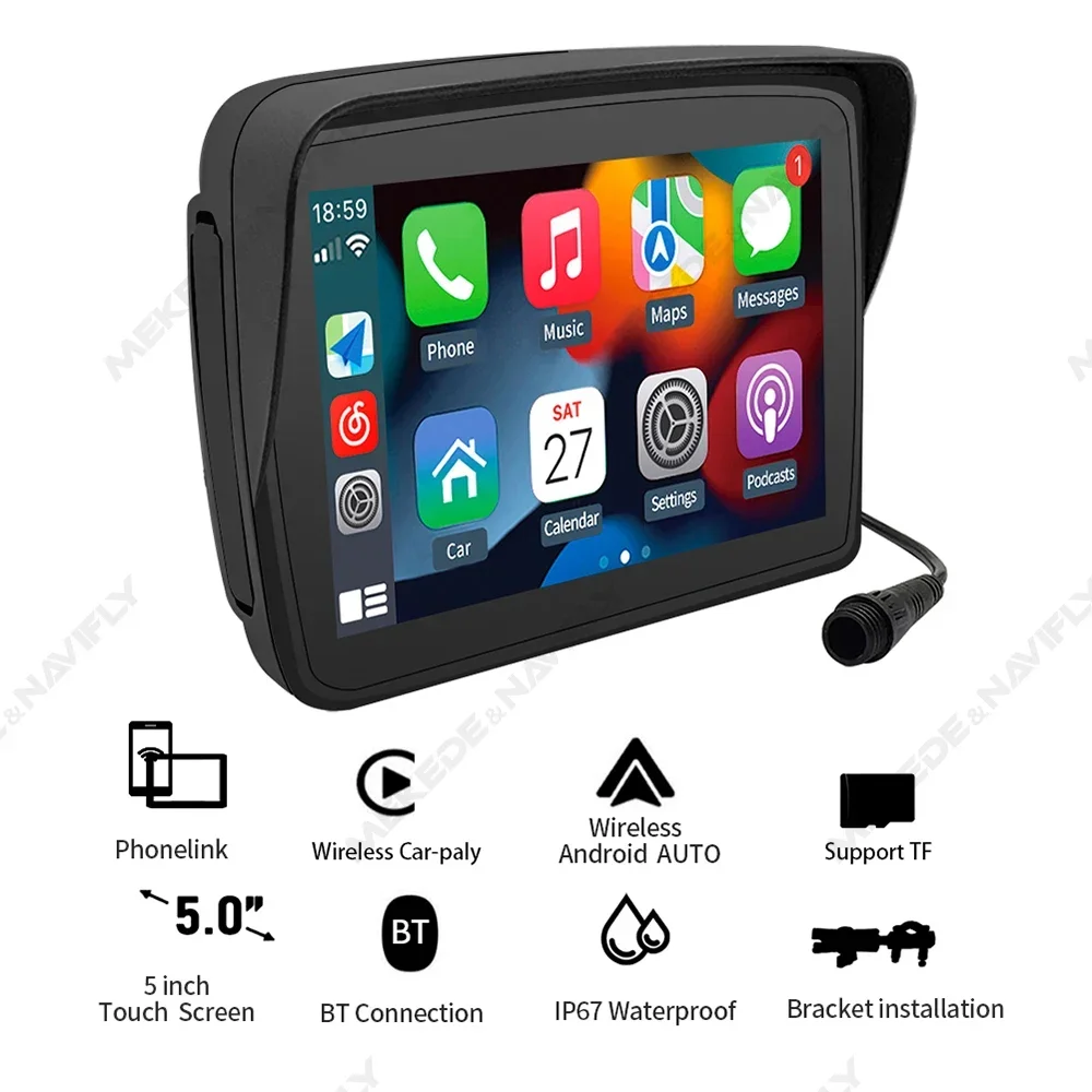 IP67 Waterproof Sunshade 5inch Screen Motorcycle GPS Navigation BT Carplay Moto Wireless Android Auto Mirror Link Speaker