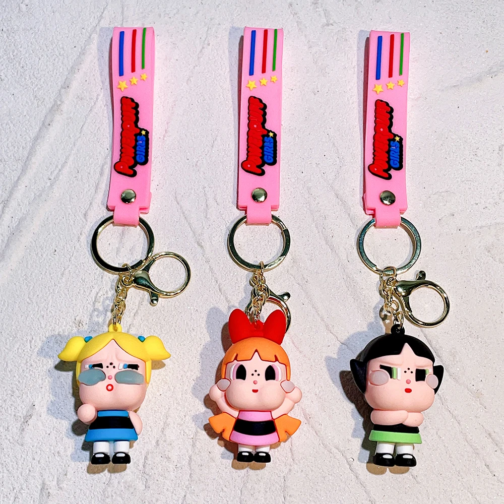 Cute Powerpuff Girls Figure Keychain Anime Cartoon Keyring Jewelry Pendent Car Key Accessories Ornament Toy Xmas Gift for Kids