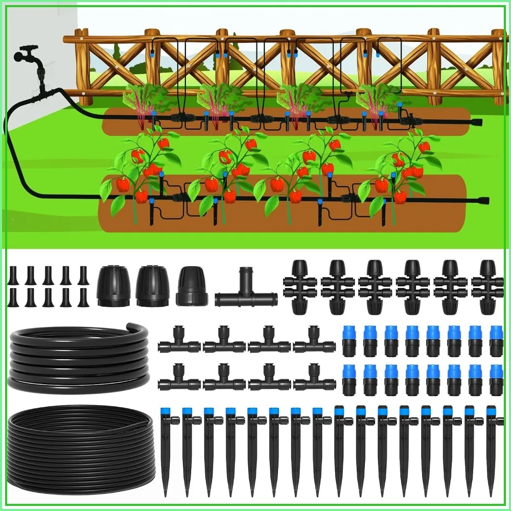 247 Ft Drip Irrigation System With Quick Connectors, Automatic Watering Kit For Lawn, Raised Bed, Greenhouse With 1/4'' Tubing, Drip Emitters, Connectors