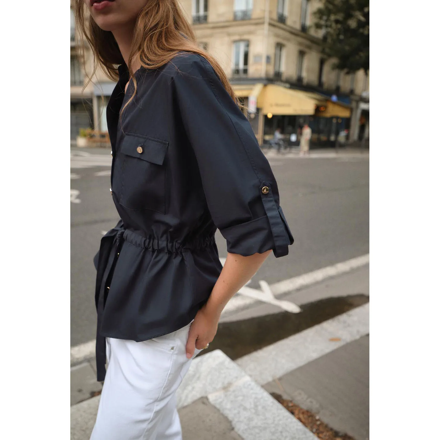 Otoño nueva llegada mujer irt Hunting Sle siete cuartos con puños Sve Material de gasa de seda cuello vuelto poliéster fino