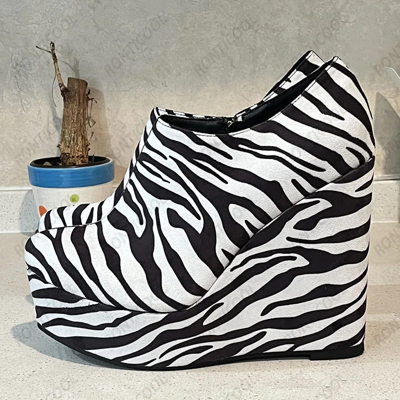 

Ronticool женские туфли-лодочки ручной работы на платформе с боковой молнией, удобные туфли на танкетке с круглым носком, красивые вечерние туфли Zebar, размер США, большие размеры 5-20