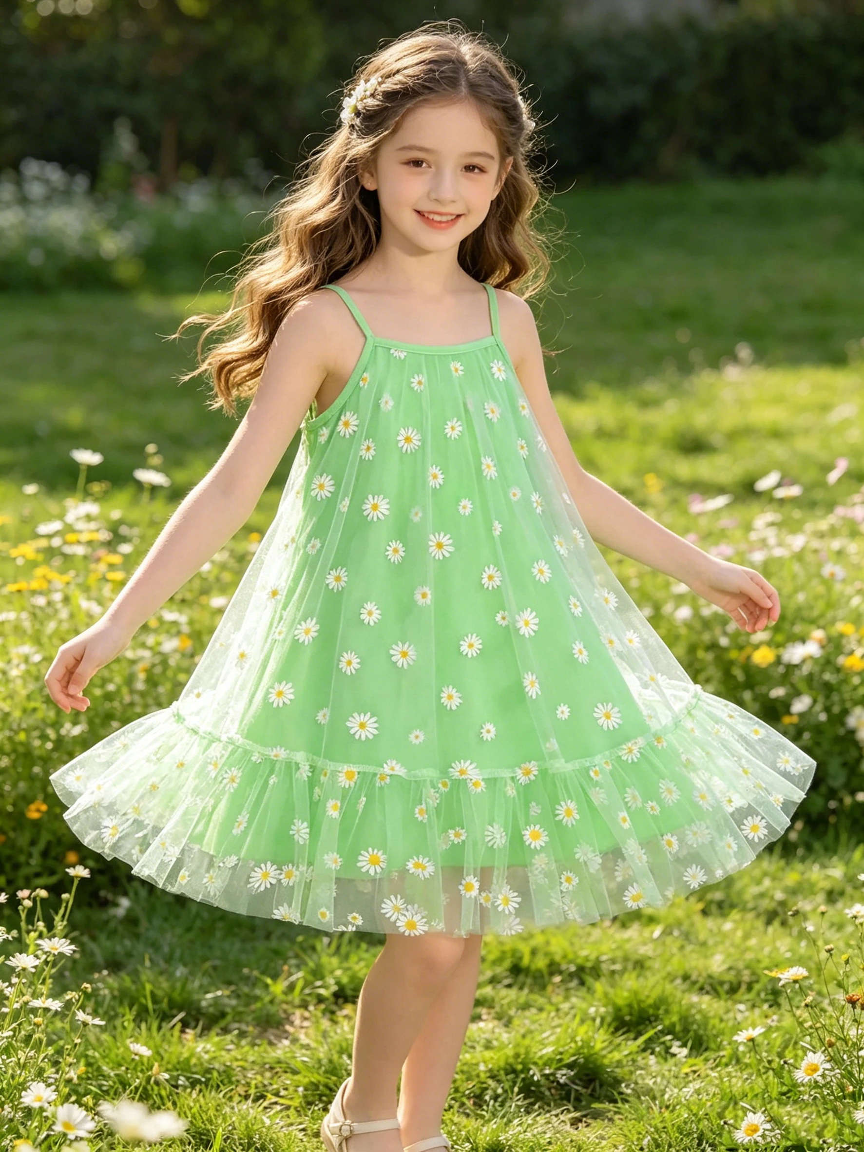 Children's Summer Dress Elegant Daisy Print Mesh Layered Strap Yellow Green Blue Ruffle Bottom Girls Outfit