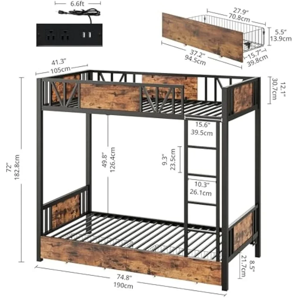 Tempat tidur tingkat มีเต้าเสียบสายไฟและลิ้นชักโครงเตียงโลหะคู่พร้อมบันไดและไฟ LED ประหยัดพื้นที่ปราศจากเสียงรบกวน