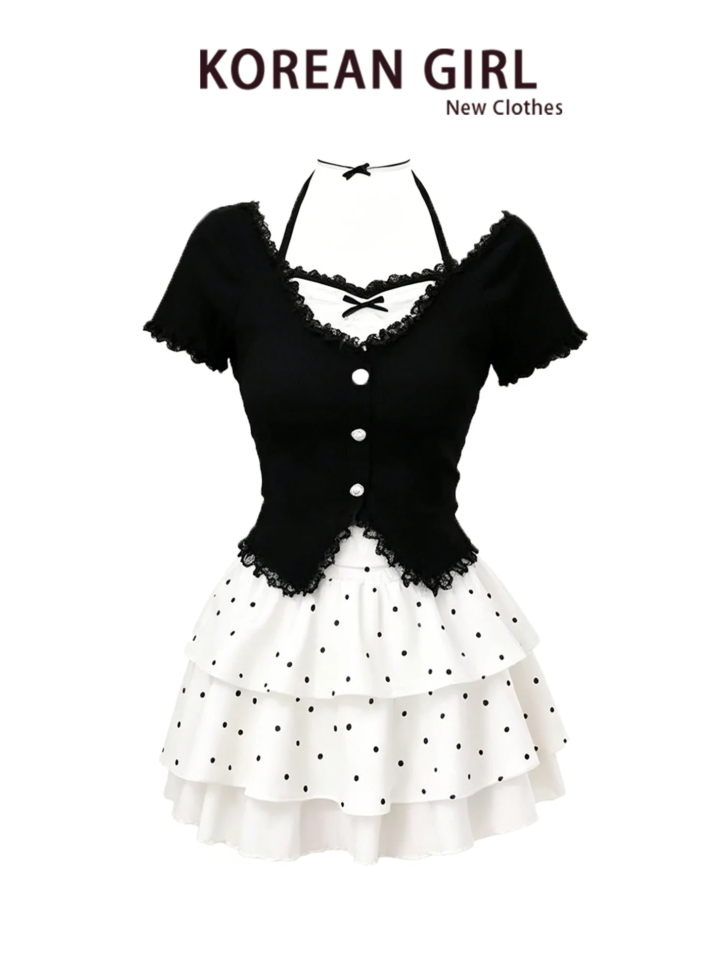 

Korean Style Pure Desire Black Knitted Short Sleeve Top Women Summer Beautiful Japanese Soft Girl T-Shirt Cake Puffy Skirt Set