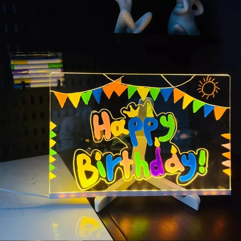 Rewritable DIY Children's Glowing Drawing Board Message Lamp With 7 Colorful Pens Light Up Acrylic Message Board