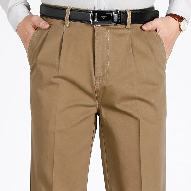 High Waist Double Pleated Straight Mens Pants 100% Cotton Autumn Winter Casual Pants Black Yellow Khaki Trousers for Male 2025