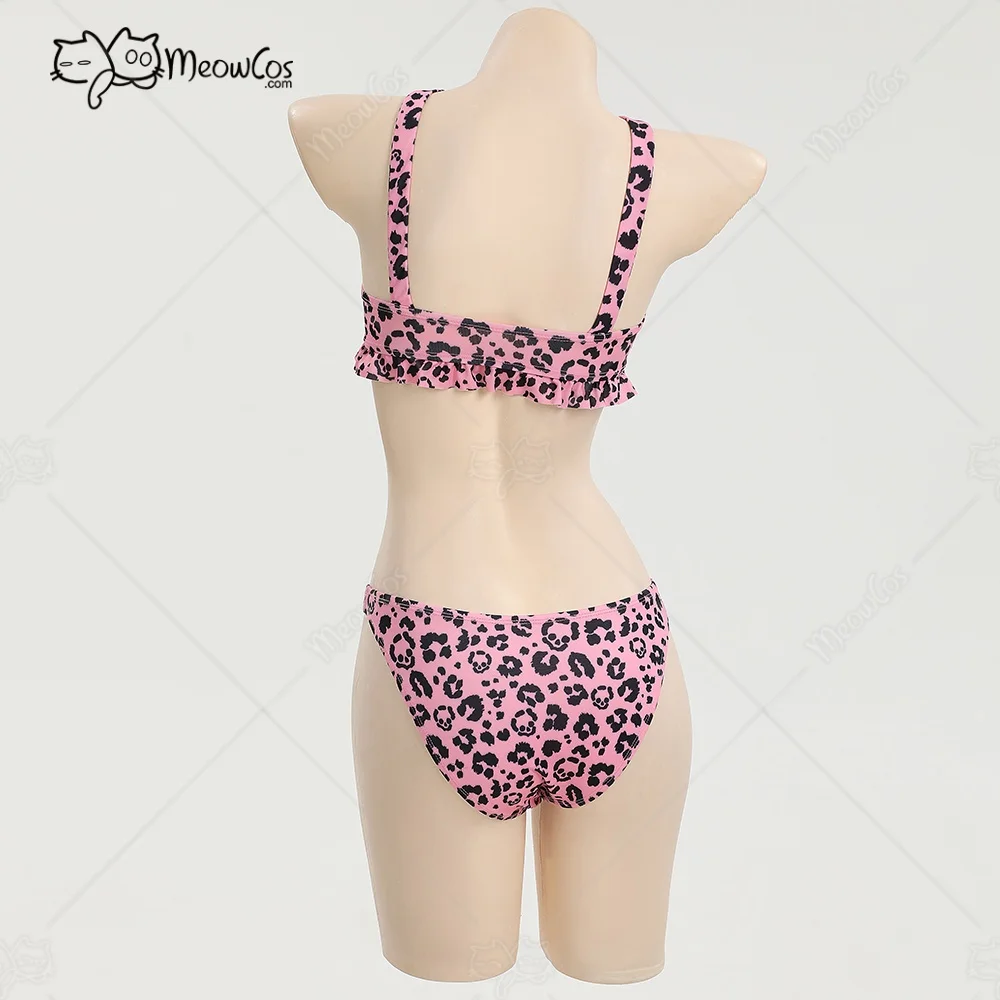 MEOWCOS Women's Bikini Sets Halter Top and Panty Bottom Unique Skull Leopard Print Two-Piece Swimsuit Pink