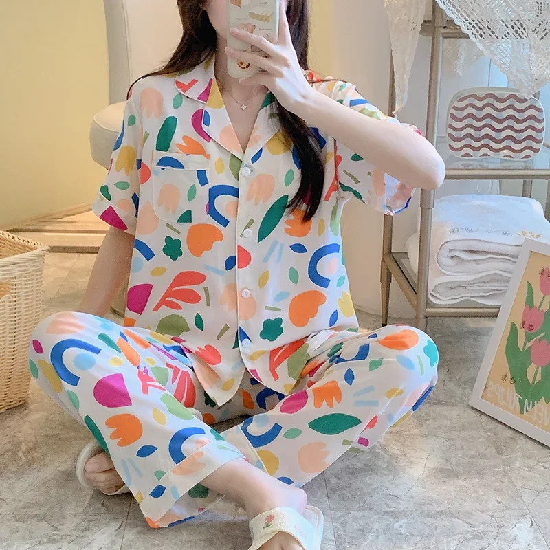 Short Sleeve Pants Floral Print Woman Satin Pajama Sets Ensembles 2 Piece Two-Piece Lady Outfit Lounge Women Pijama Pajama Pj