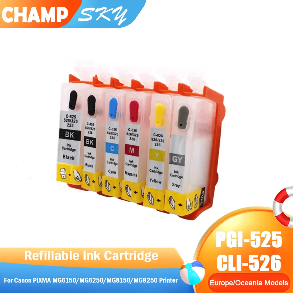 

6 color Refillable Ink Cartridge For PGI525 CLI526 ,For Canon MG6150 MG6250 MG8150 MG8250 IP4850 IP4950 IX6550 ,with ARC chips