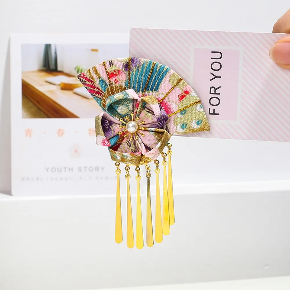 Elegant Kimono Hair Clip Traditional Metal Tassel Fan Shape Hairpin Cloth Sakura Flower Faux Pearl Decor Hair Clip Cosplay