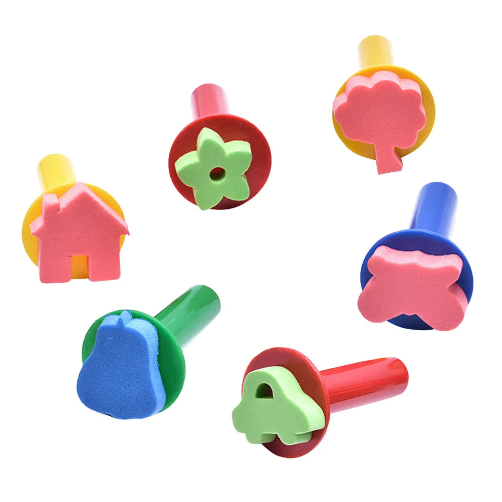 6Pcs Creative Sponge Stamper Set Painting Tools Colorful Patterns Plastic Handle for Kids Preschool Beginners Drawing Learning