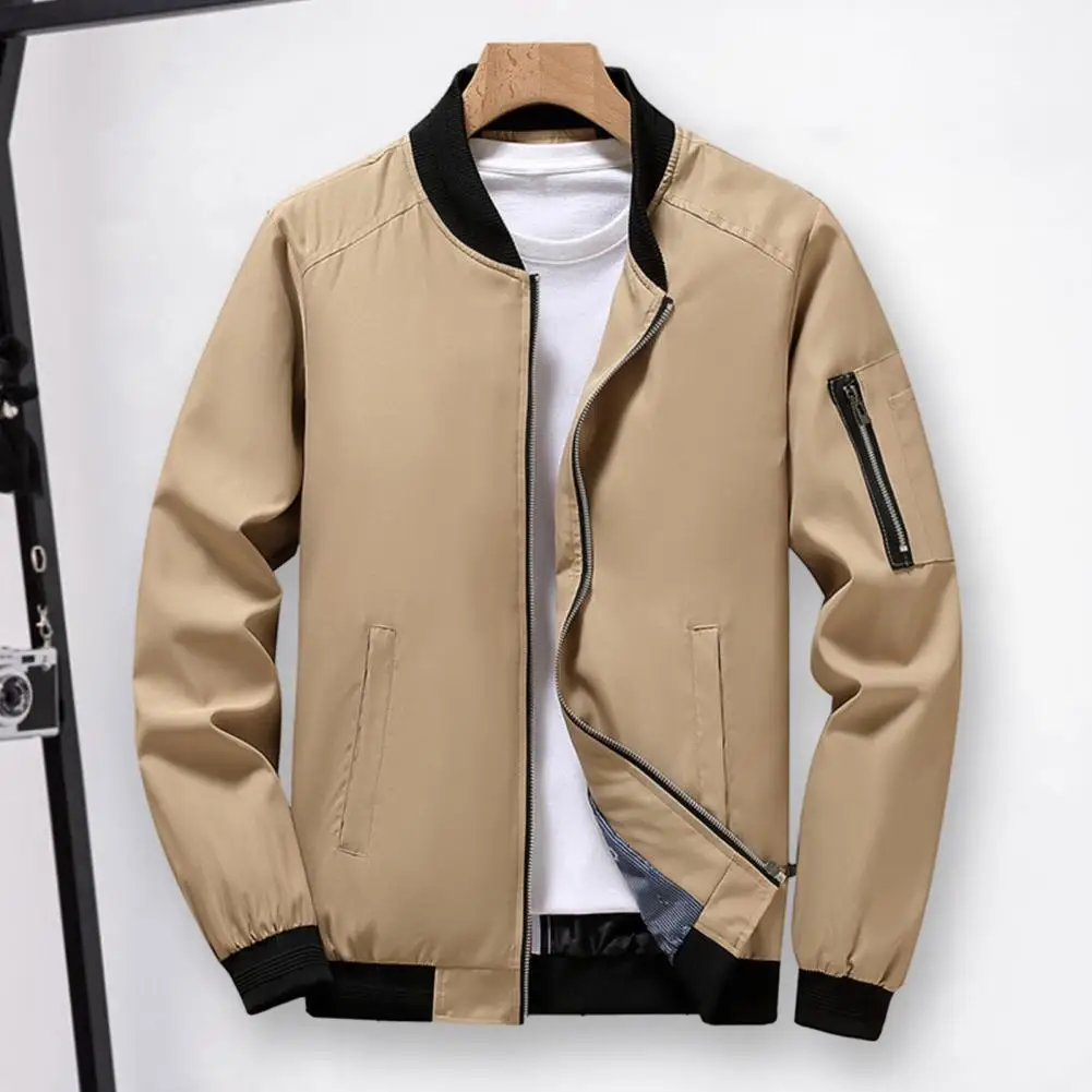 

Solid Color Men Jacket Stylish Men's Winter Jacket with Stand Collar Pockets Slim Fit Business Casual Outerwear for Autumn