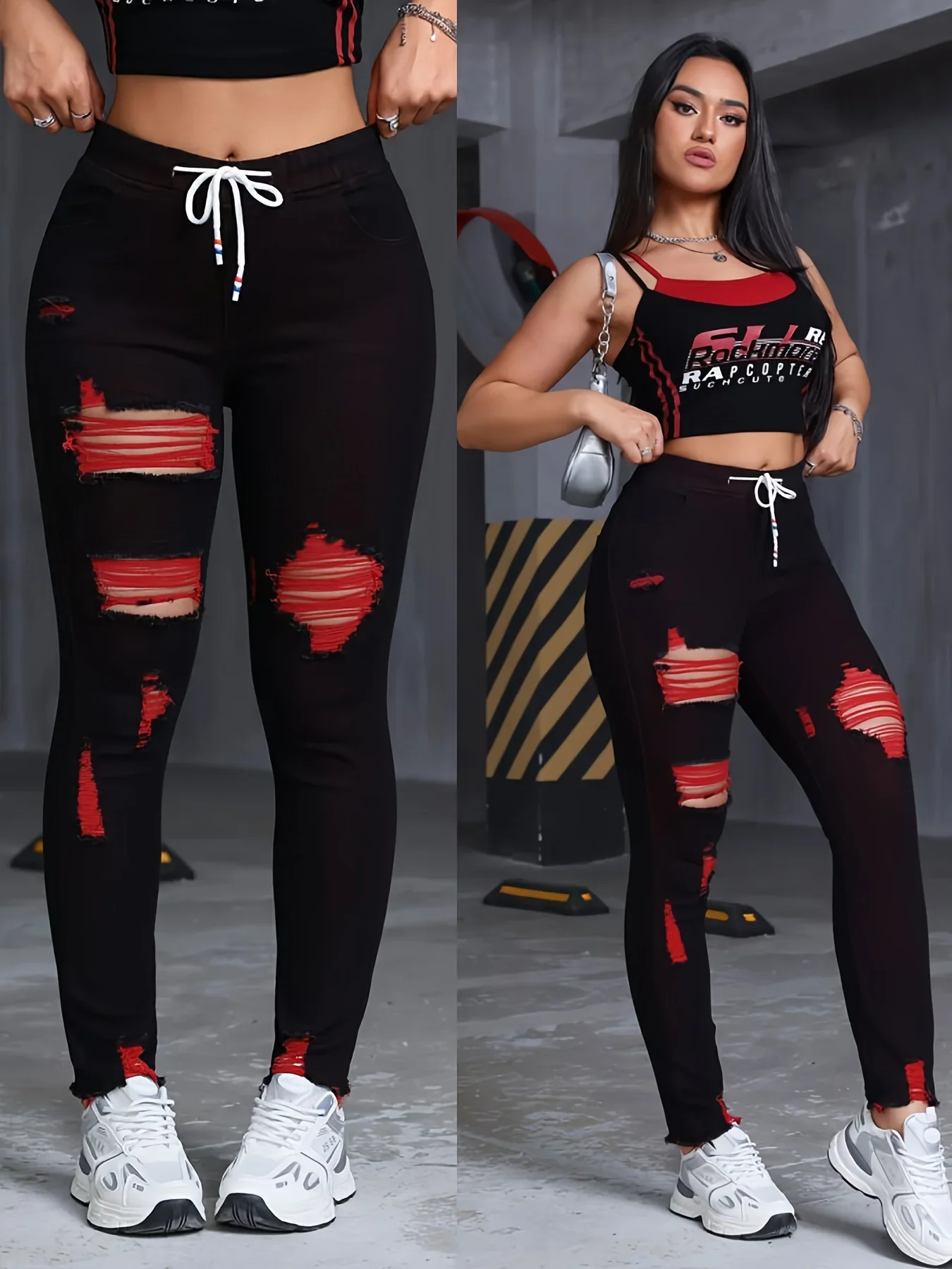 Women's Stretch Jeans Elastic Waist Drawstring Elegant Distressed Red Skinny Personalized Designer Style Suitable