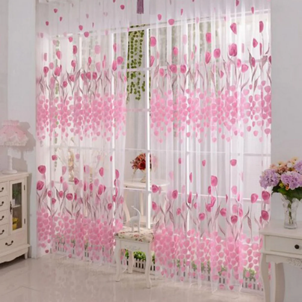 

100x200cm Pink Tulip Flower Sheer Curtains Voile Tulle Window Screen Tassel Drapes for Bathroom Bedroom Home Decor Transparent