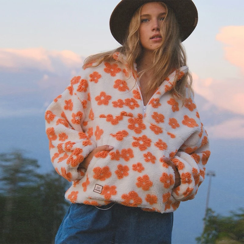 

Повседневная шикарная толстовка с длинными рукавами, теплый цветок, милые креативные флисовые топы, милая зимняя модная винтажная женская осенняя уличная одежда