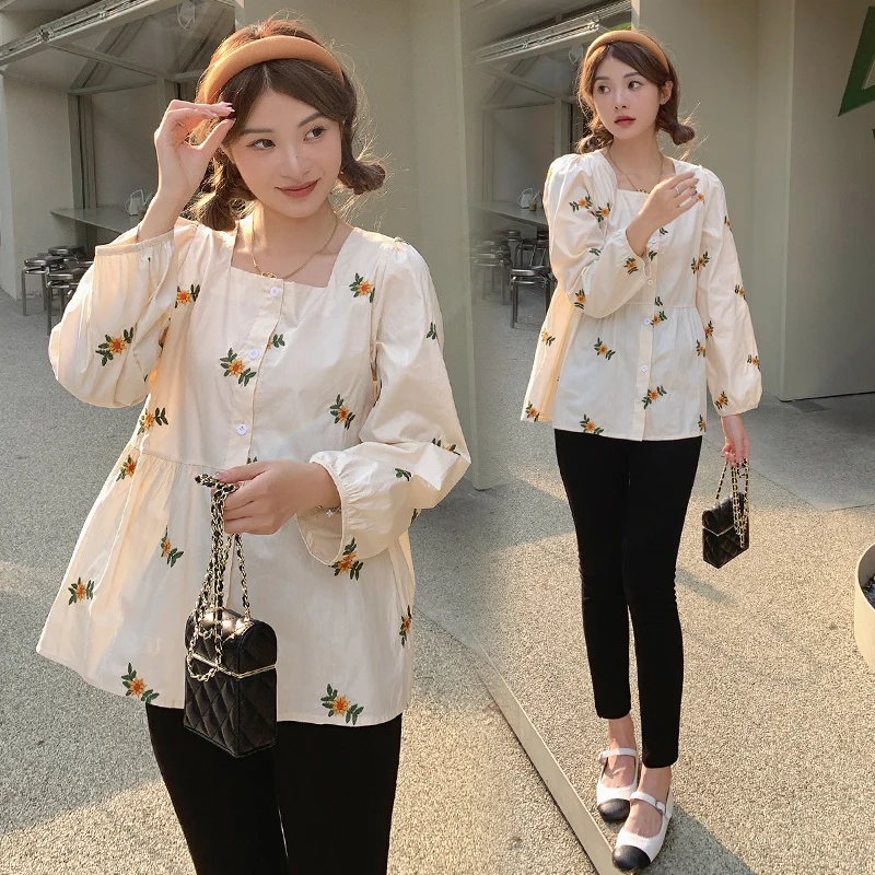 2024 Spring Maternity Shirts Fashion Floral Embroidery Long Sleeve Square Collar Pregnant Women\'s Blouses Button Fly Top Tees