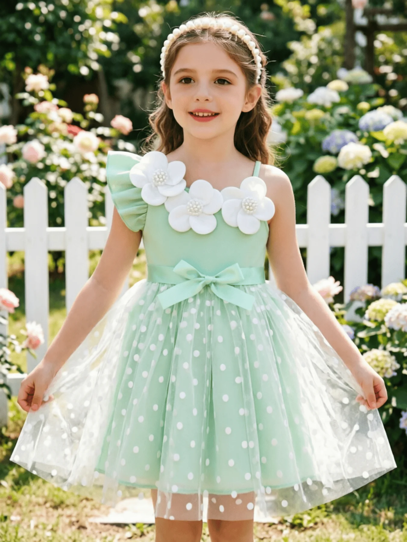 Sweet Green & White Polka Dot Mesh Dress for Girls 4-7 Years Old Summer Party Outfit with Contrasting Colors