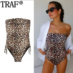 TRAF-bodysuit de espartilho leopardo feminino, ombro fora, roupa de banho única, lingerie sexy sem costas, bodysuit tanga praia sem alças, verão