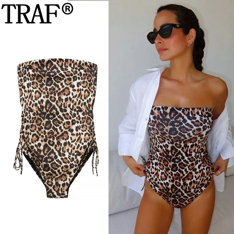 TRAF Leopard Corset Bodysuit Women Off Shoulder One Pieces Swimwear Summer Backless Sexy Lingerie Strapless Beach Thong Bodysuit