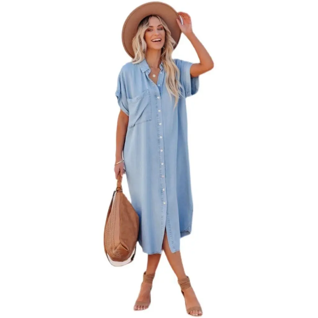 Solid Color Denim Dress European American Fashion Mid-Length Short Sleeve Split Shirt Dress for Women
